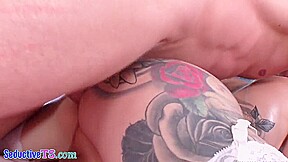 Smalltits tattooed shebabe in lingerie barebacked by BF